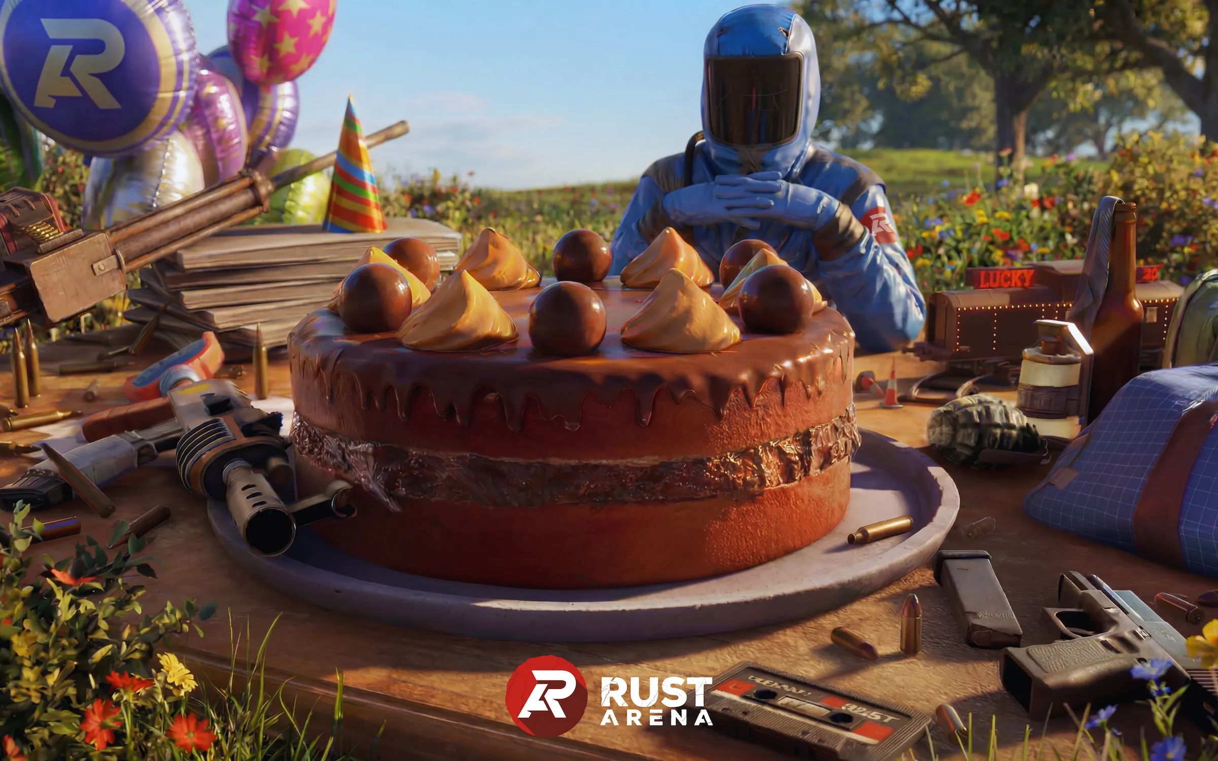 Official RustArena project launch banner with server logo and Rust game background